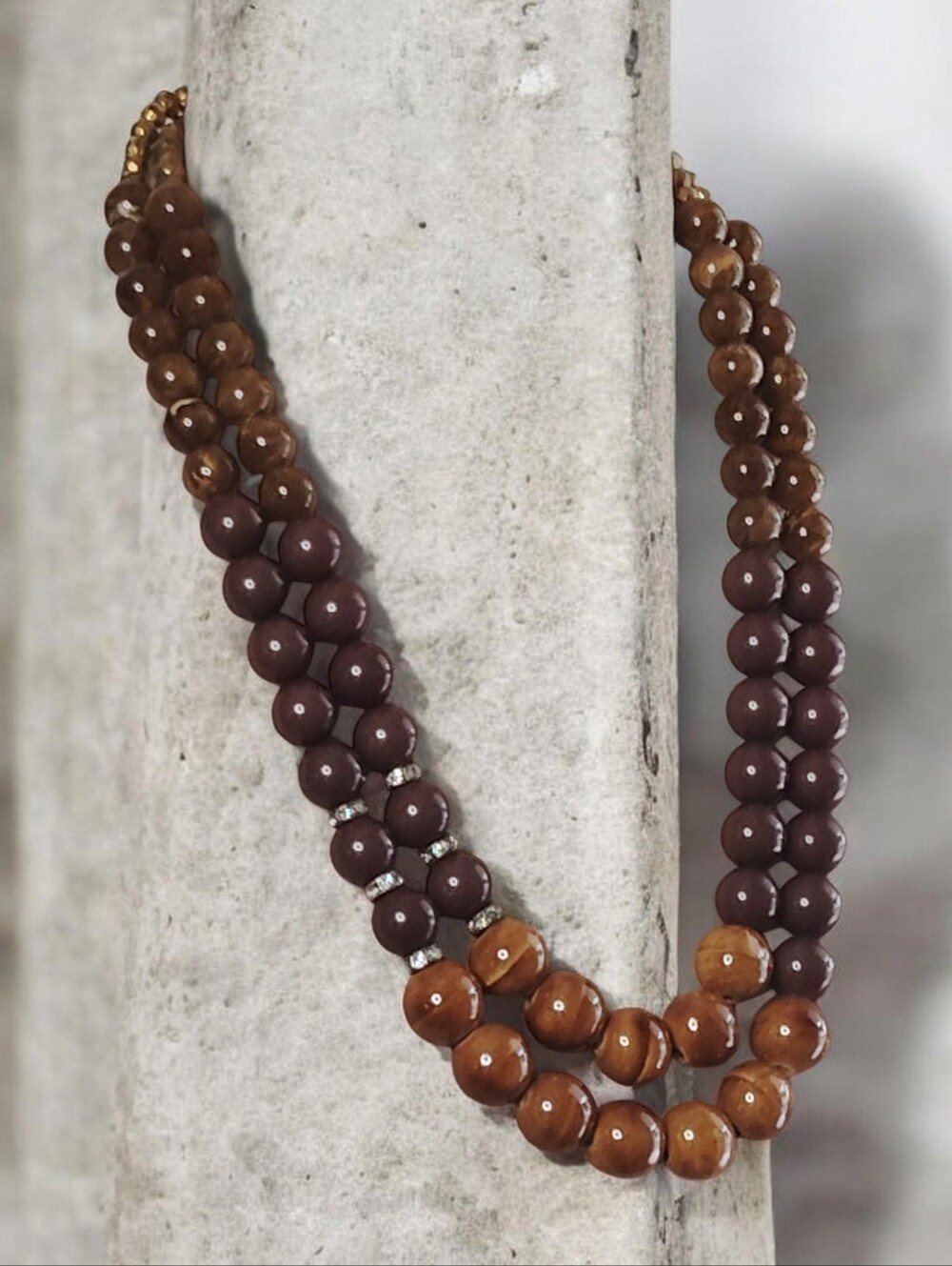 Vintage Erica Lyons Plum Purple Amber Brown & Gold Beaded Double Strand Necklace